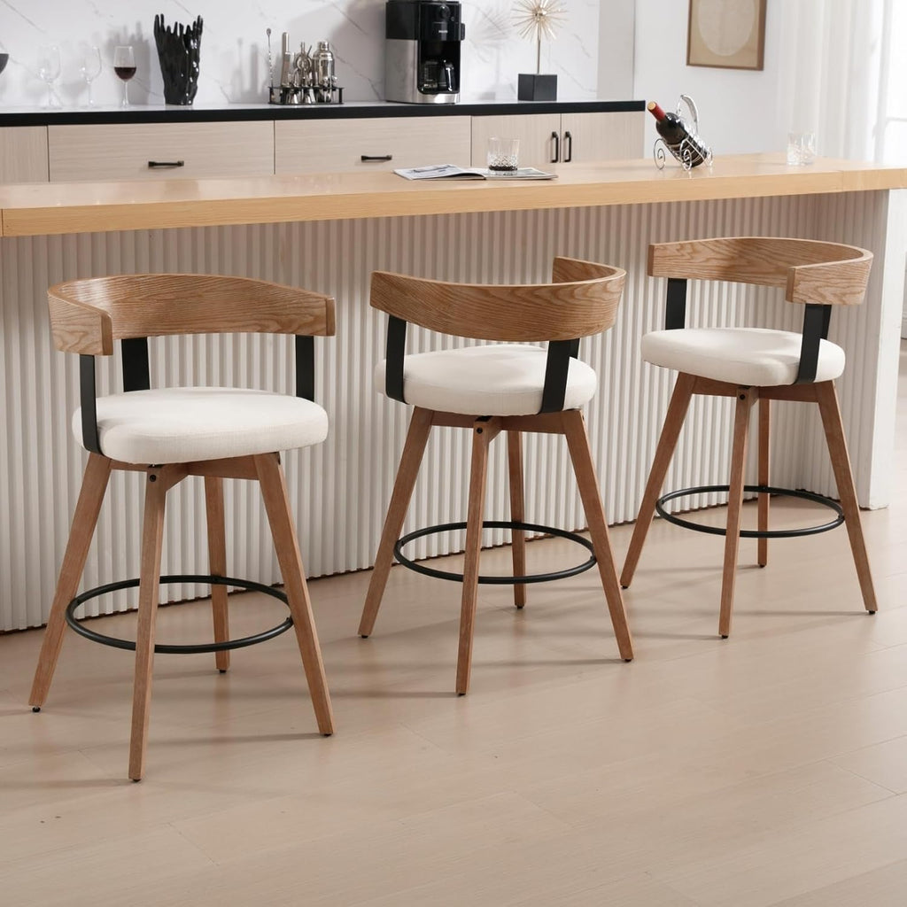 Swivel Bar Stools Set of 4-26" Counter Height Bar Stool with Footrest - Modern Wood Barstools with Linen Upholstered