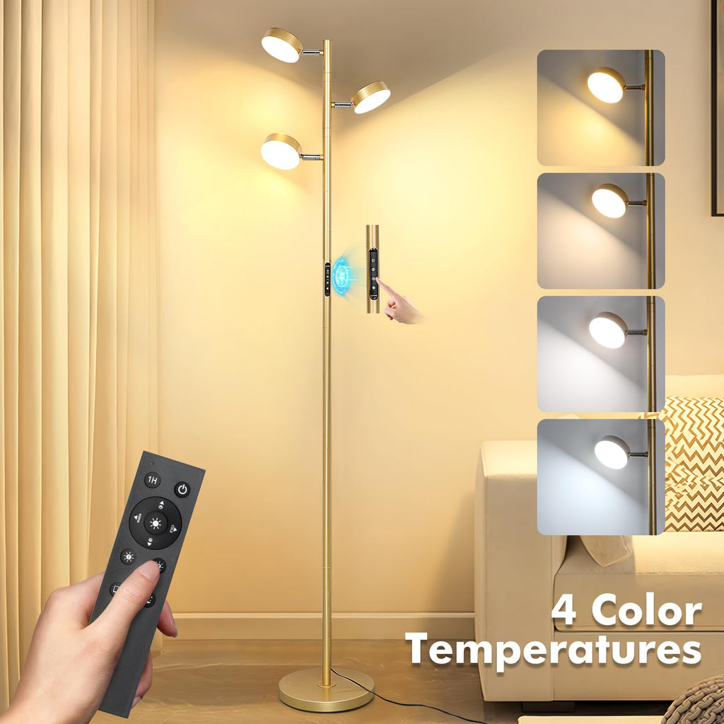 Gold Floor Lamp with Remote Modern Tall Standing Lamp Dimmable LED Brass Tree Floor Lamps with 3 Adjustable Heads
