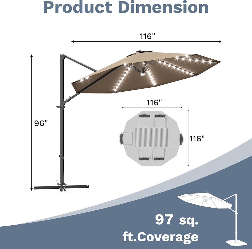 10ft Solar LED Patio Umbrella, Round Cantilever Outdoor Umbrella with Solar Lights and 360-Degree Rotation