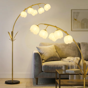 Gold Floor Lamp, Flower Floor Lamp with 5 G9 LED Bulbs, Foot Switch, Arc Tall Lamp with Acrylic Shade, Marble Base