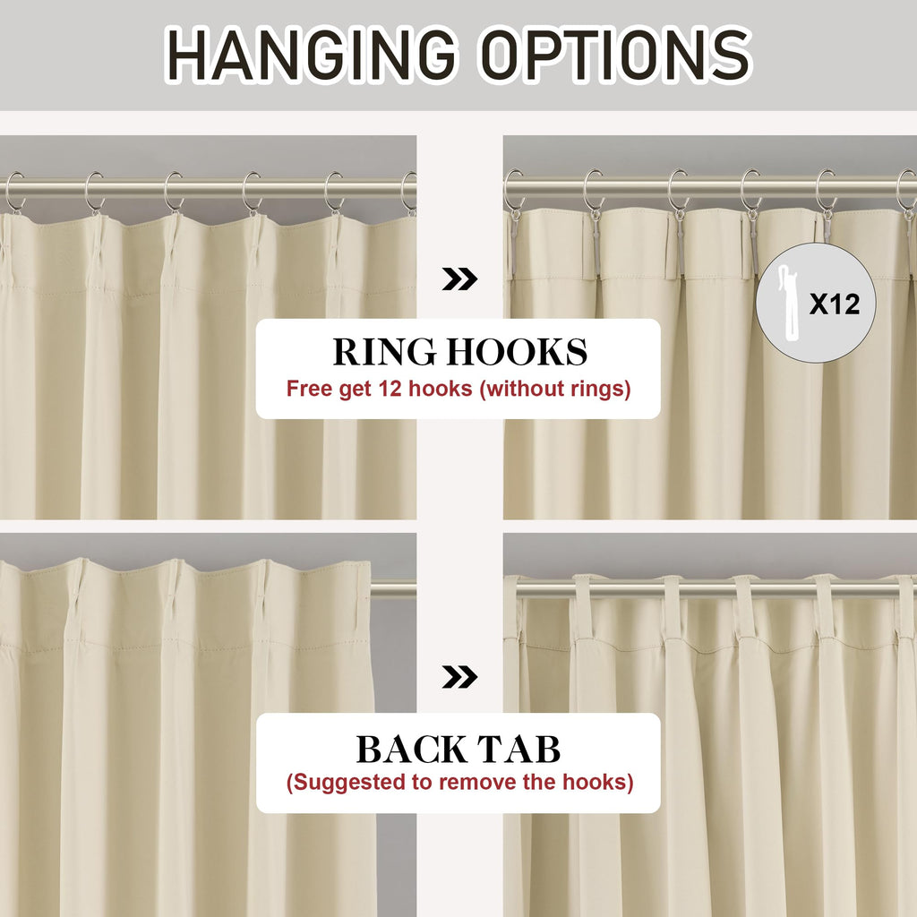 Cream Pinch Pleated Blackout Curtains with Hooks - 96 inch Length Room Darkening Thermal Insulated Window Curtain