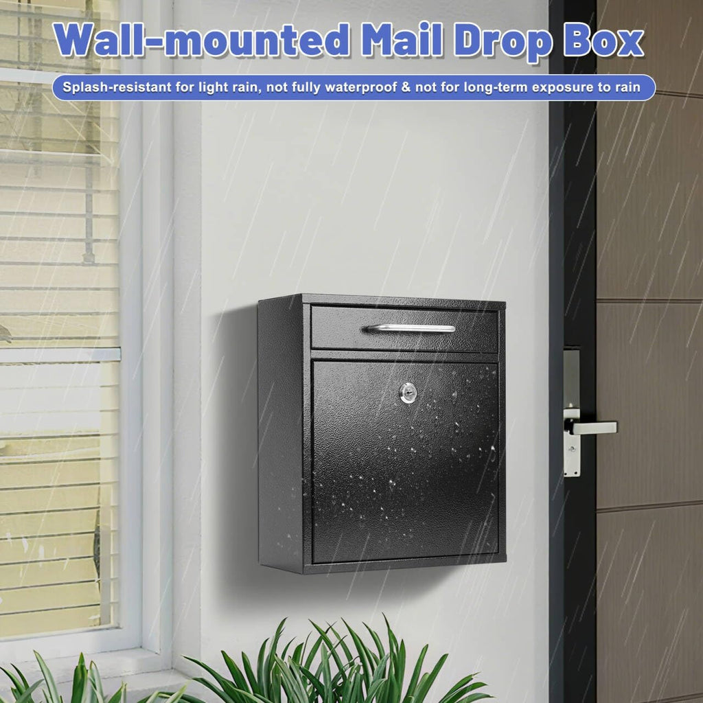 Steel Key Lock Mail Boxes Mailbox, Security Key Drop Box or Commercial, 12H x 10.5L x 4.6W Inches, Black Large