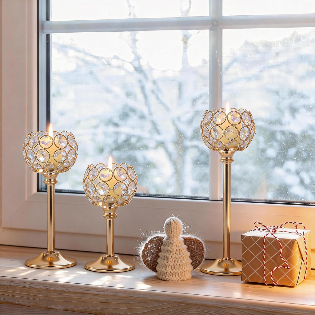 Crystal Candle Holders 2 Set of 6 - Gold Vintage Hollow Ball Candle Stand for Table Centerpiece, Crystal Metal