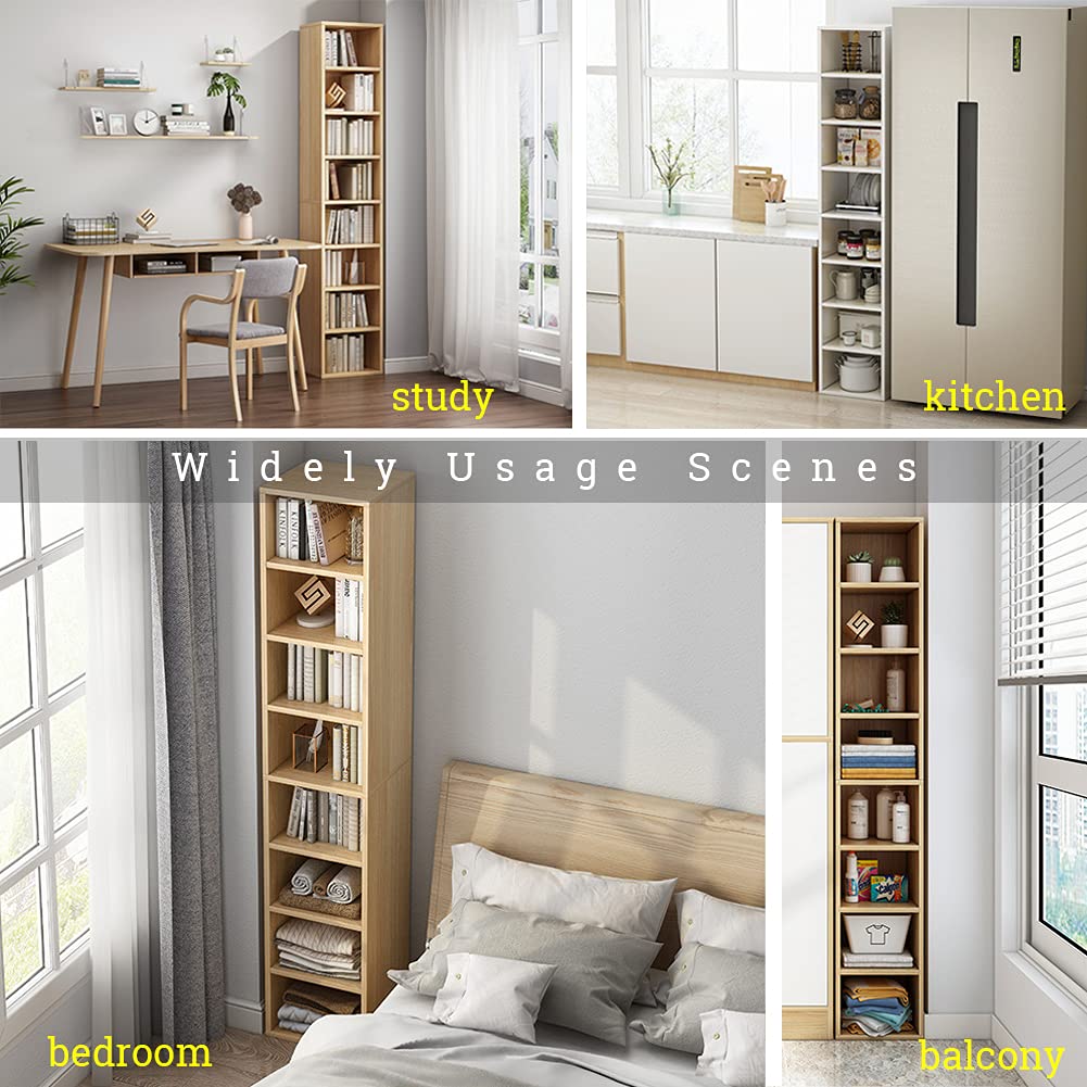 Small Narrow Corner Bookcase - 71" Tall Gap Storage Cabinet, Oak