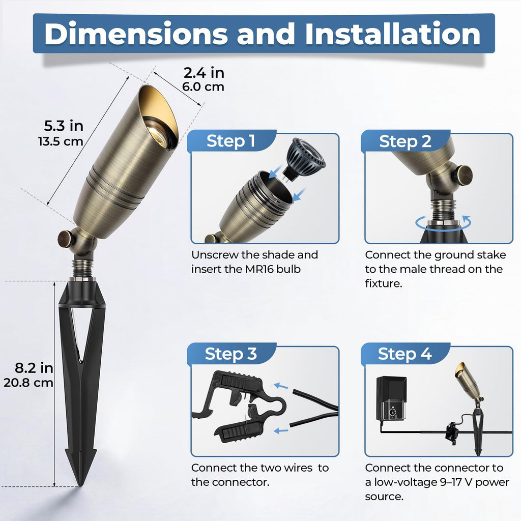 Solid Brass Landscape Lighting, Commercial Grade 12V Low Voltage Landscape Spotlights, LED Spot Lights for Outdoor