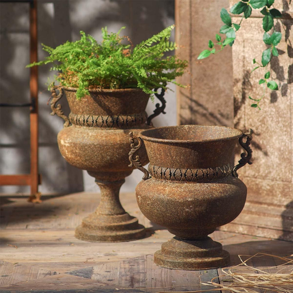 Metal Urn Planter with Handles, Rustic Brown | Ornate Scroll Handles, Pedestal Base Design, Indoor & Outdoor Use