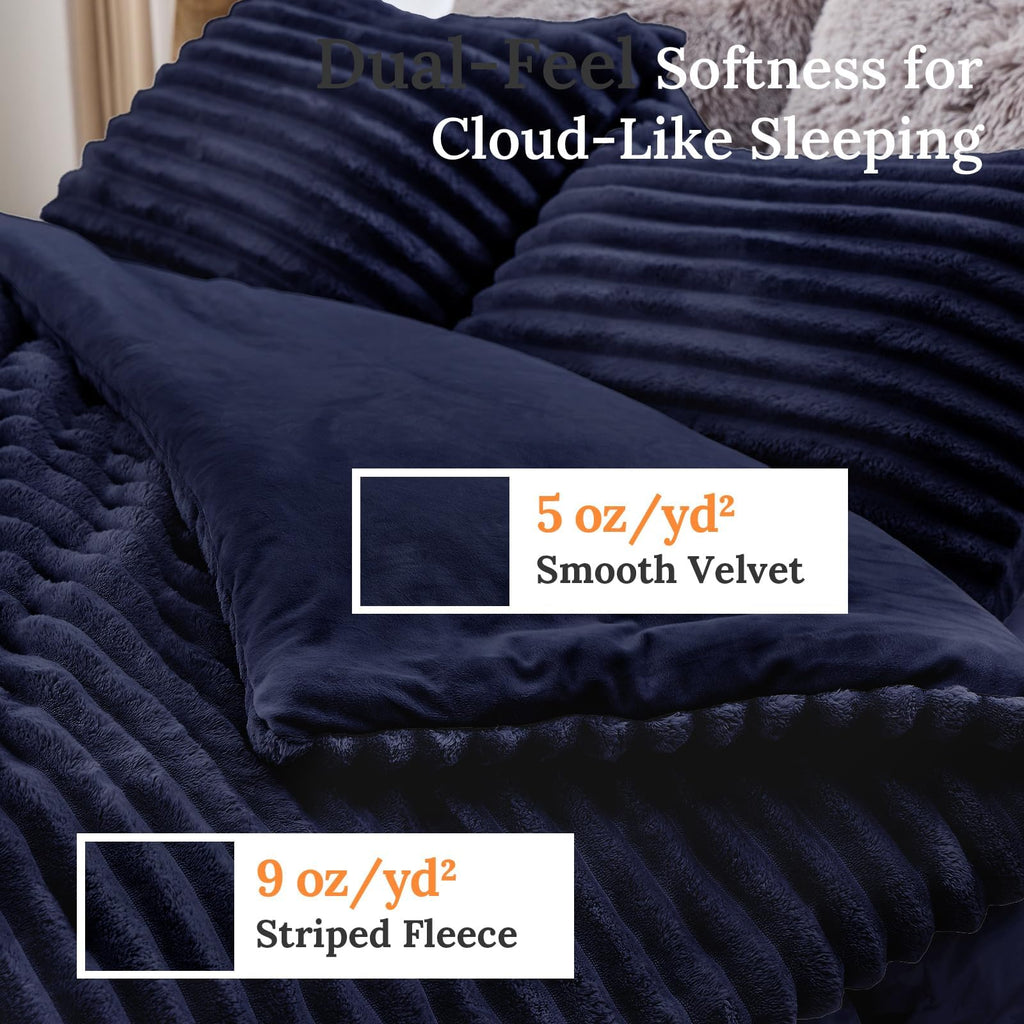 Fluffy Comforter Set, 3 PC Soft Fleece Bedding, Navy Blue