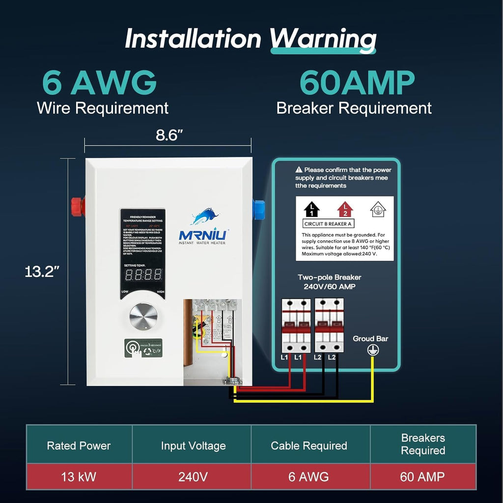 36kW 240 Volts On Demand Instant Endless Water Heater Tankless Water Heater Electric with LED Temperature Display for