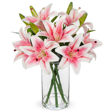 Pink Lilies Fake Flowers Easter Lily Artificial Flowers in Vase Faux Stargazer Lilies Flower Bush Lily Floral