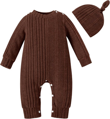 Baby Girl Ribbed Romper Hat Set Long Sleeve Infant Fall Outfit