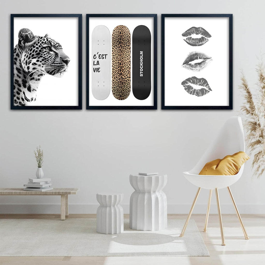Framed Stockholm Style Canvas Wall Art Set of 3 Black and White Fashion Leopard Print Lips, Preppy Room Aesthetic