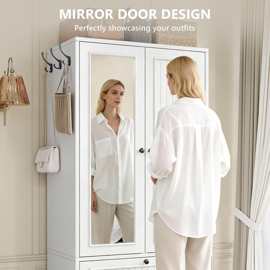 Armoire Wardrobe Cabinet with Mirror and Drawer, 70" 2-Door Wooden Closet Organizer Storage, White