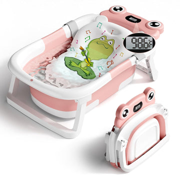 Baby Bathtub, Collapsible Newborn Bathtub for Infant to Toddler with Soft Cushion and Thermometer,Portable Travel