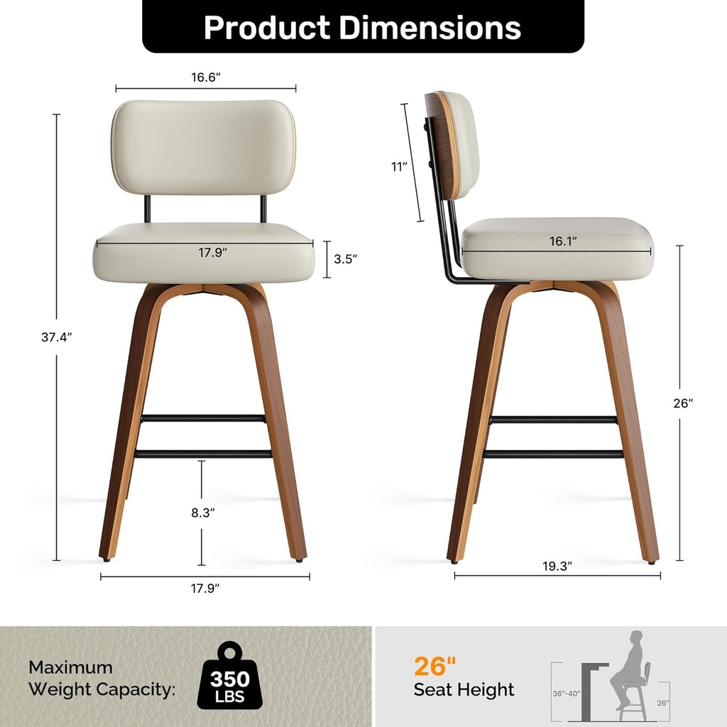 Swivel Bar Stools Set of 4, 26" Upholstered Faux Leather Counter Height Barstools with Walnut Back & Bentwood Legs