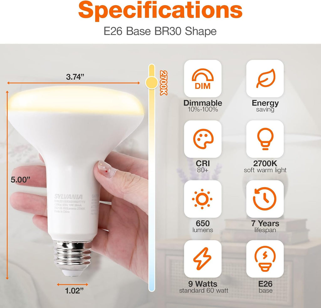 ECO LED BR30 Light Bulb, 65W = 10W, Dimmable, Frosted Finish, 650 Lumens, 2700K, Soft White - 4 Pack