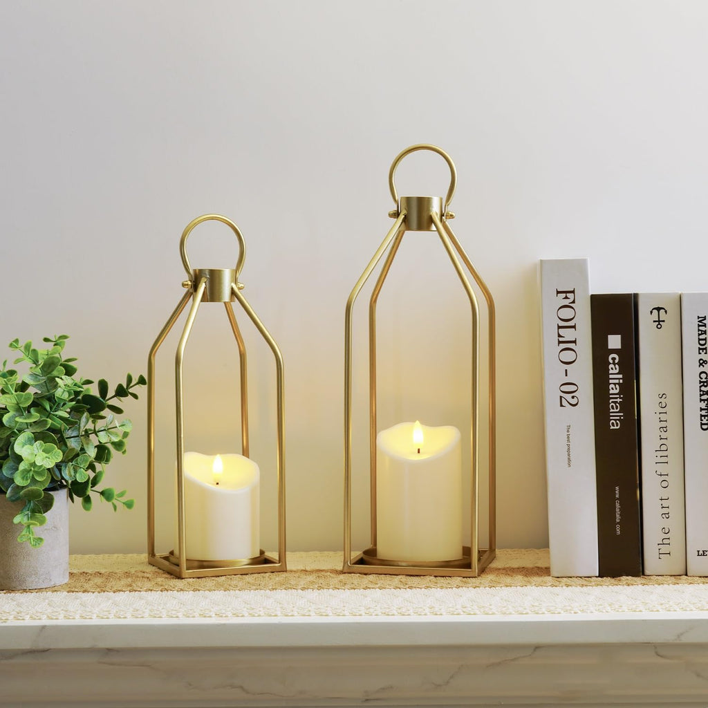 Modern Farmhouse Gold Metal Lanterns 2PCS with Flameless Candle