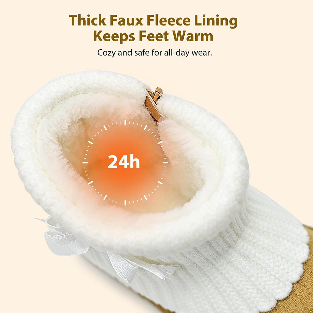 Girls Winter Snow Boots Knit Cuff Ribbon Bow