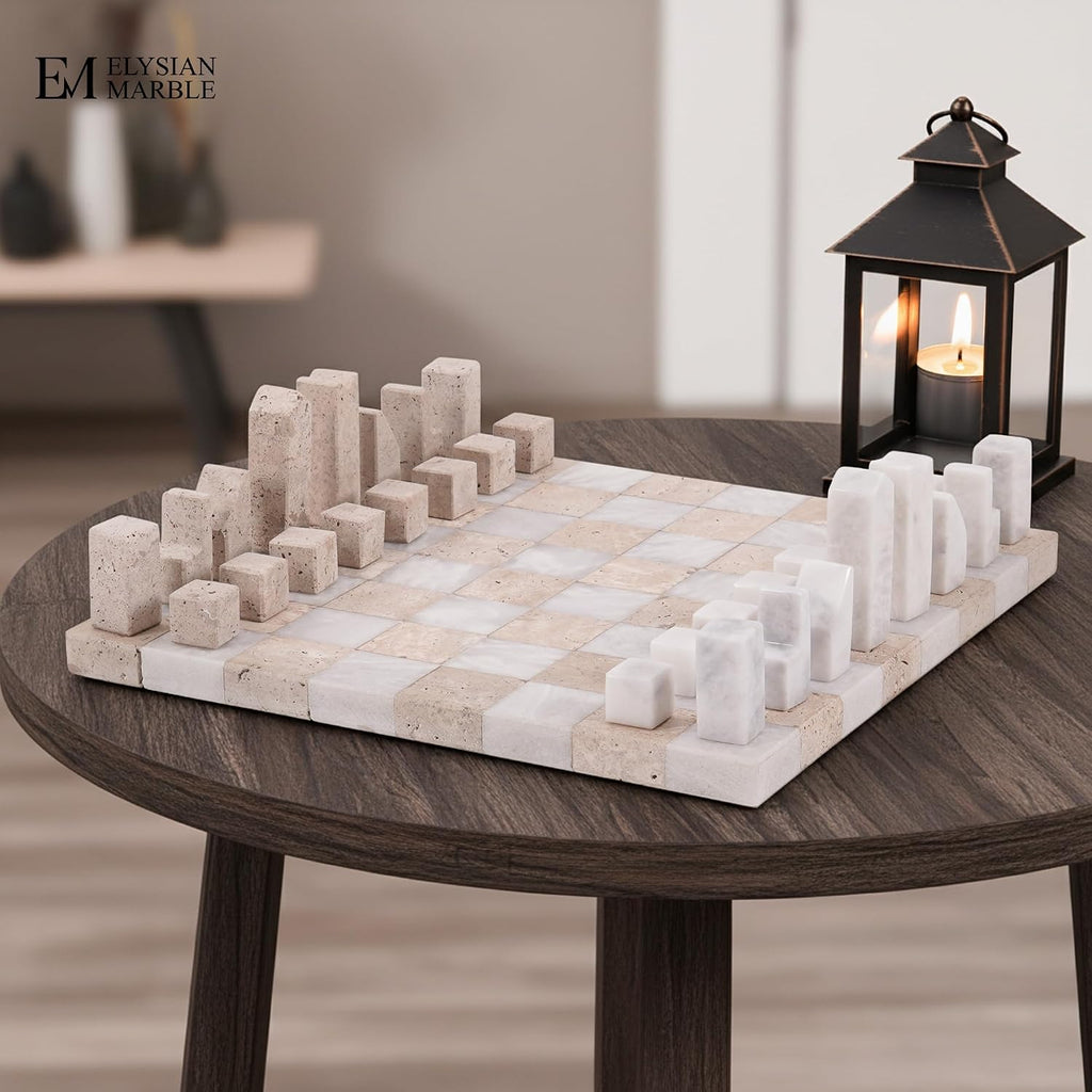 Modern Chess Set - Handcrafted Borderless Marble Chess Board with Minimalist Geometric Pieces, Luxury Decorative
