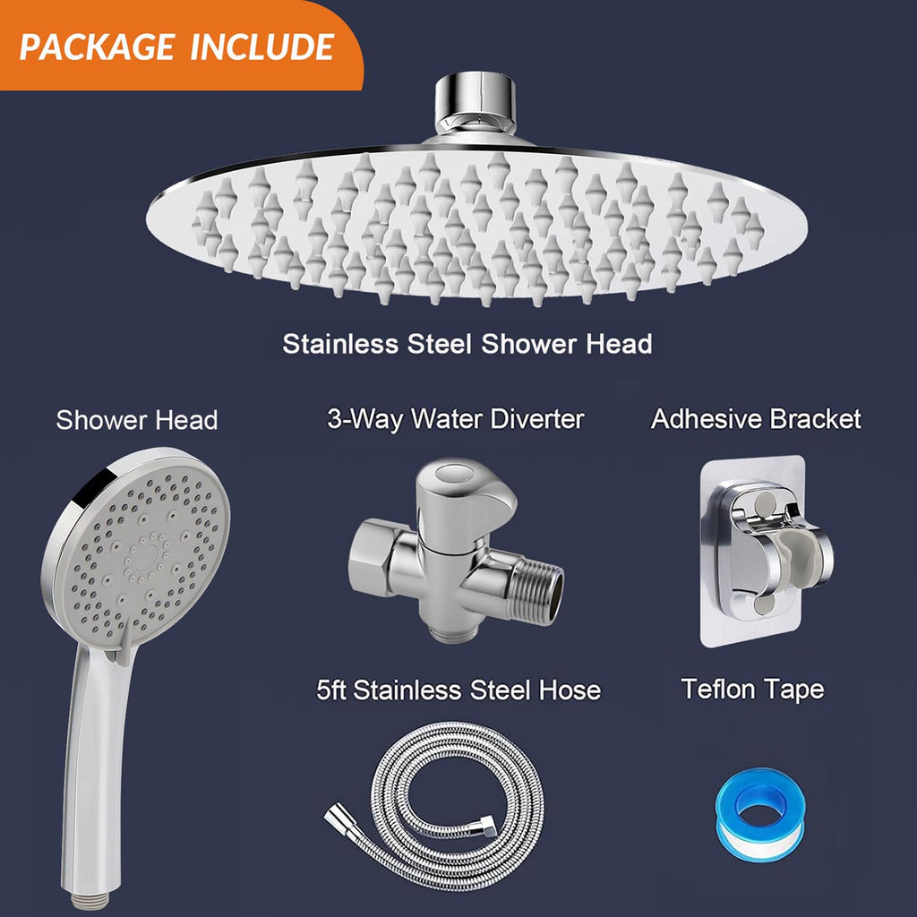 Shower Head with Hose, High-Pressure Stainless Steel 8'' Rain Shower and 5 Settings Handheld Shower Spray Combo with