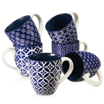 Coffee Mugs Set of 6, 16 oz Large Porcelain Coffee Cups with Handle for Coffee Tea and Cocoa, Ceramic Coffee Mug for