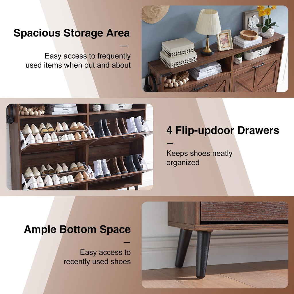 Farmhouse Shoe Storage Cabinet with 4 Flip Drawers & Open Storage