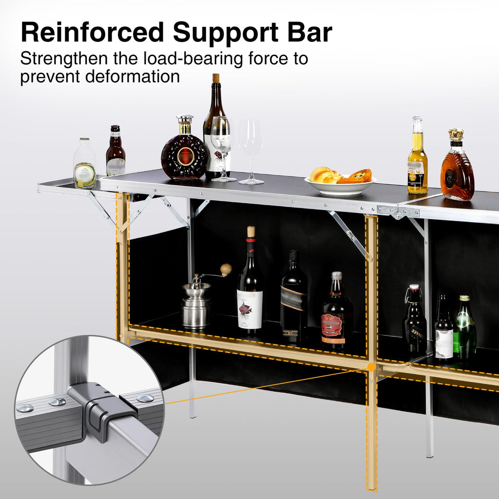 Folding Portable Bar Table with Side Rack, Black 111"x33"x15"
