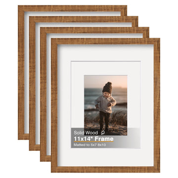 11x14 Picture Frame Teak Solid Wood Set of 4, Mat 5x7 / 8x10