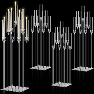 4 Set 9 Arm Acrylic Candelabra Candle Holder 42.5'' Clear Candelabra Centerpieces, Candlesticks Holder with
