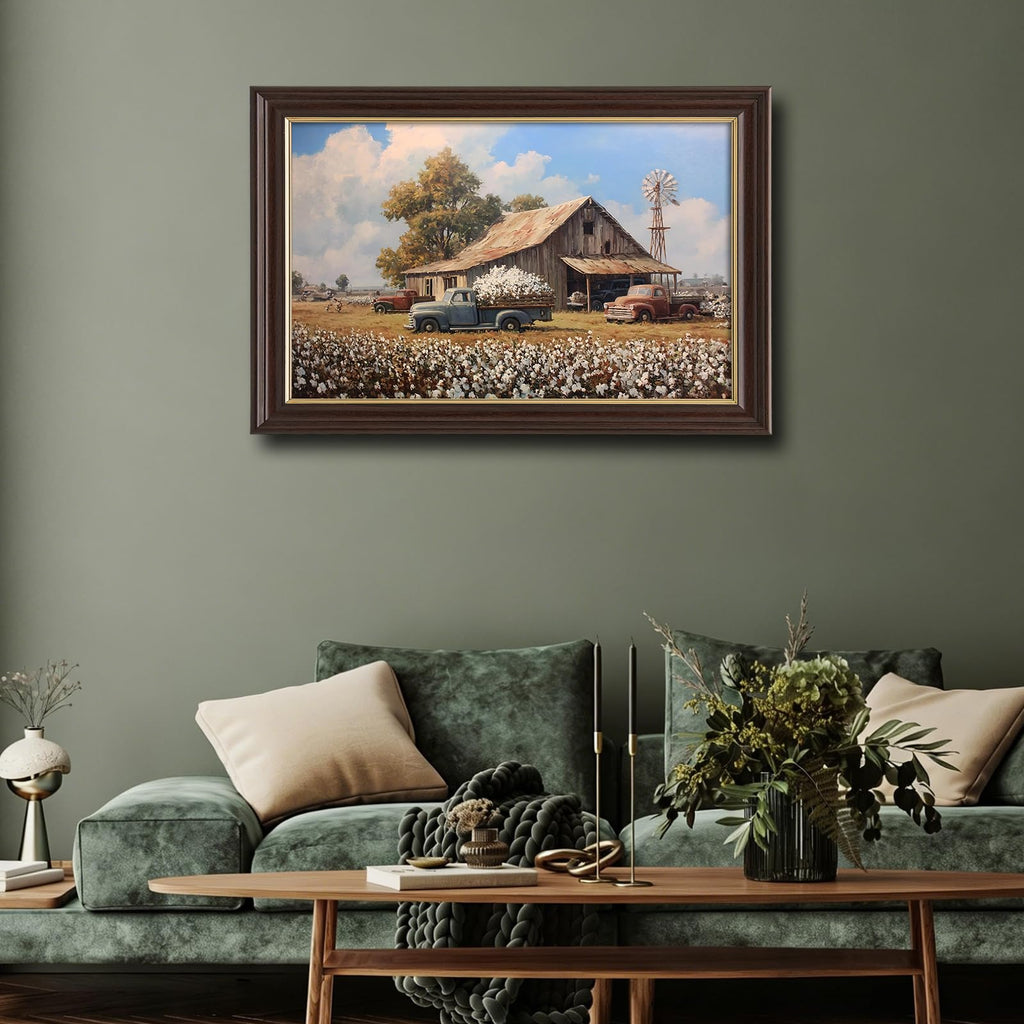 Vintage Framed Cotton Field Canvas Wall Art, Old Farm Trucks with Windmill Canvas Prints Pictures, Southern Farmhouse
