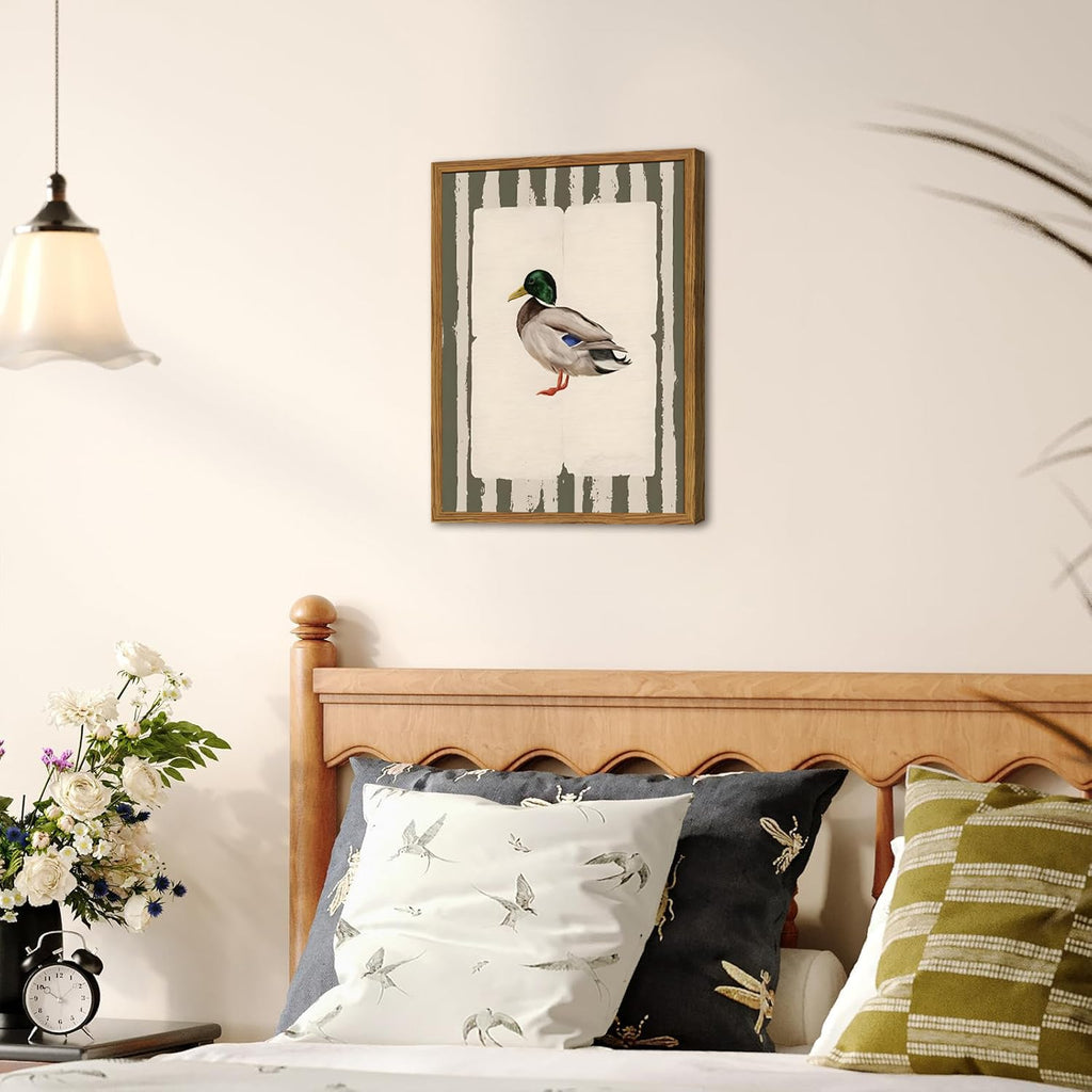Framed Vintage Mallard Duck Wall Art, Country Farmhouse Duck Pictures Wall Decor, Rustic Wildlife Animal Paintings