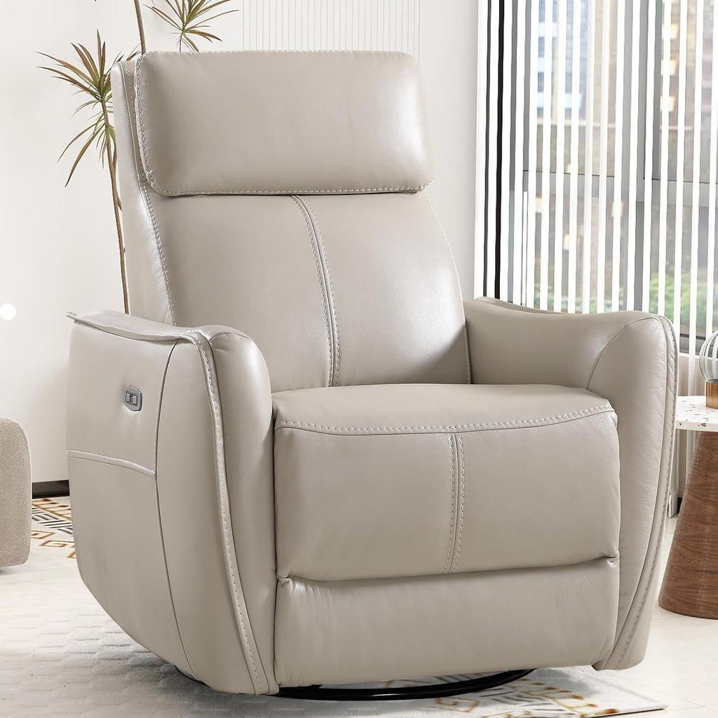 Power Swivel Rocker Recliner Chair with USB Port, Wide Seat, Head & Lumbar Support, Upholstered Glider Chair, Silver