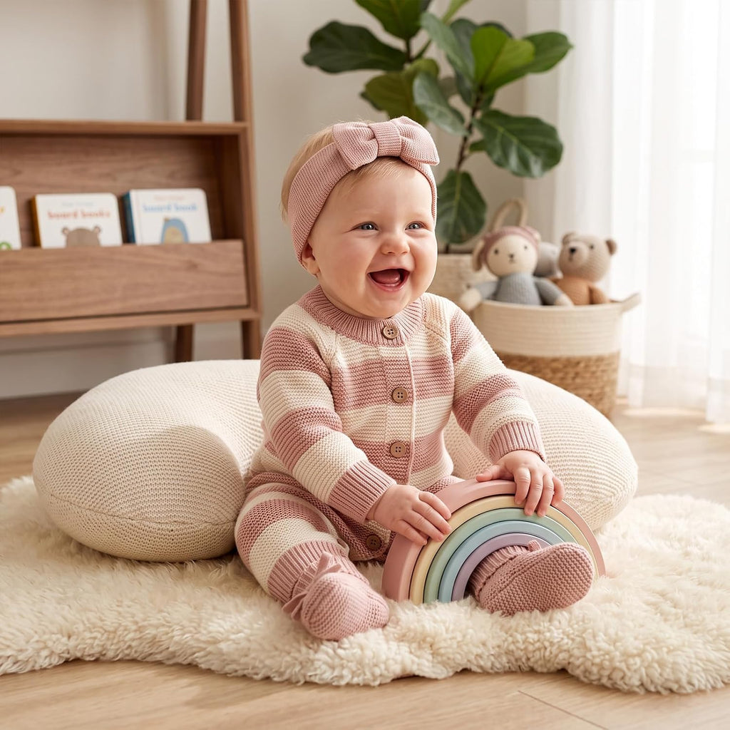 Knit Cotton Newborn Piece Set with Romper, Hat/Hair Band, Booties