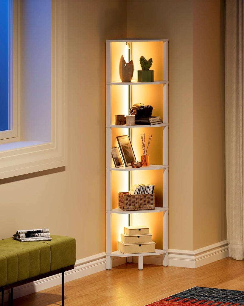 LED Corner Shelf with Lights, 5-Tier Diamond Shape Bookshelf, Standing Narrow Storage Organizer, Study, White