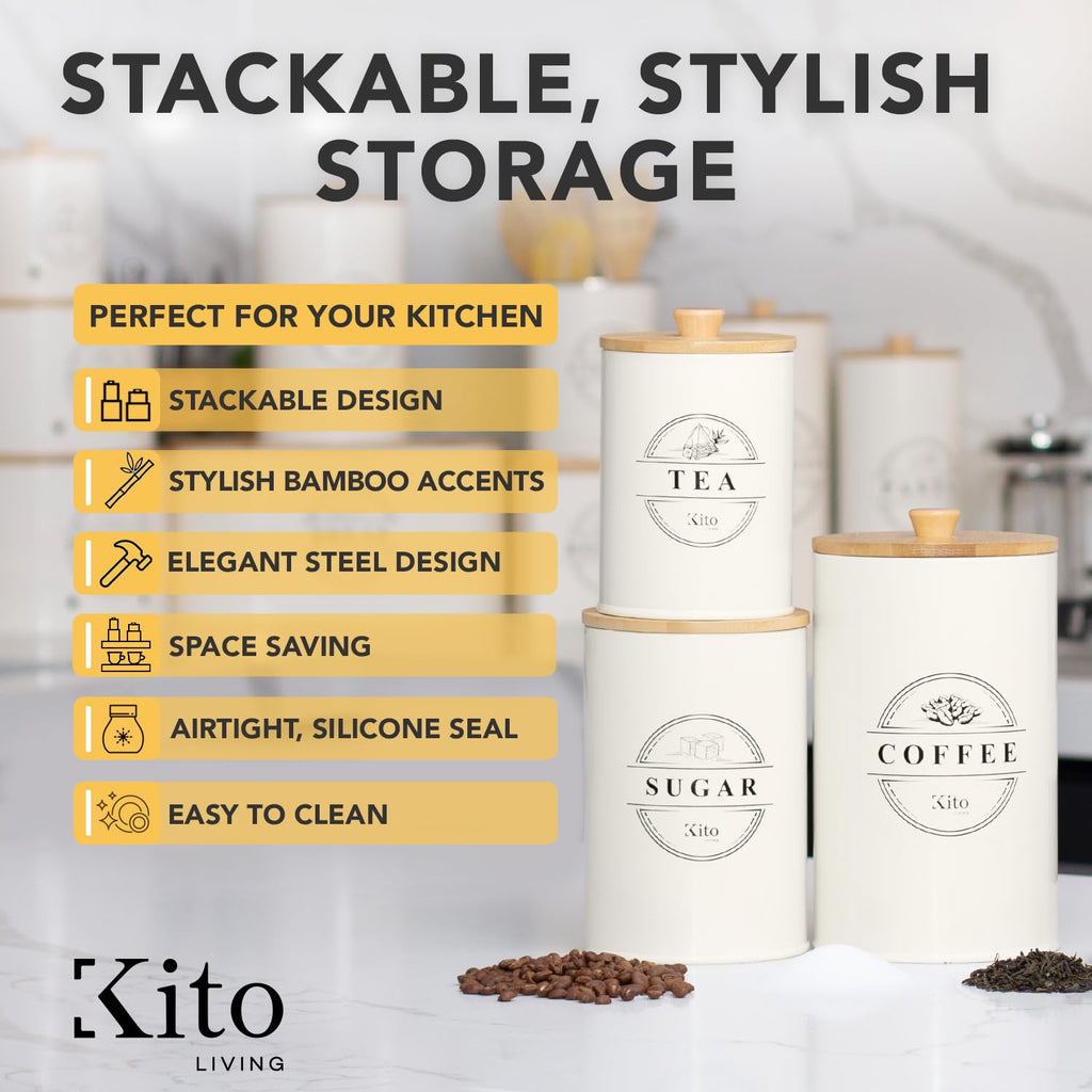 Airtight Tea, Coffee and Sugar Container Set - Stackable Kitchen Canisters