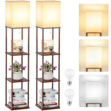 2-Pack Floor Lamp with Shelves, 3-Tier Standing Shelf Lamp