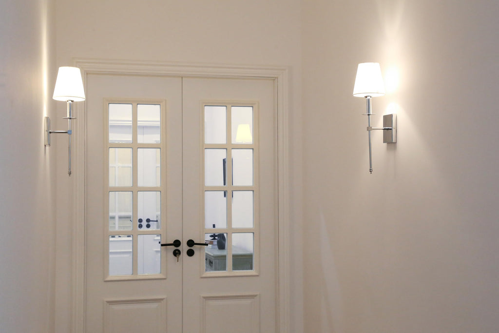 Set of 2 Classic Rustic Industrial Wall Sconce Lighting Fixture with Flared White Textile Lamp Shade and Chrome