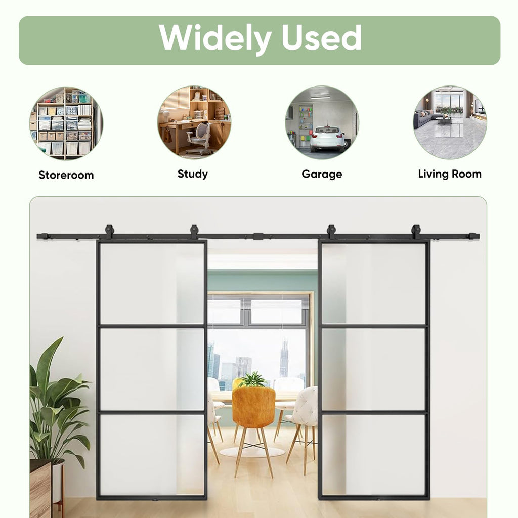72in x 84 in Double Glass Barn Door with 12FT Top Mounted Hardware kit Soft Close, Black Carbon Steel Tempered