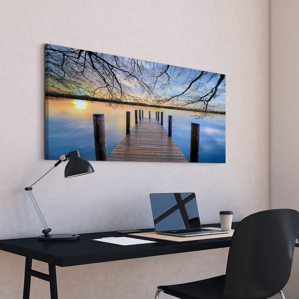 Lake Canvas Wall Art Picture - Landscape Artwork Nature Scene Dock Painting with Sunset Calm Pier Print Wall Living