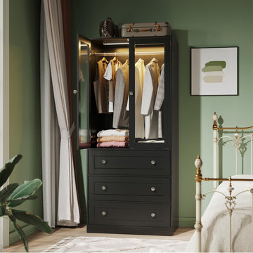 71" H Armoire Wardrobe Closet with Motion Sensor LED Light (Black)