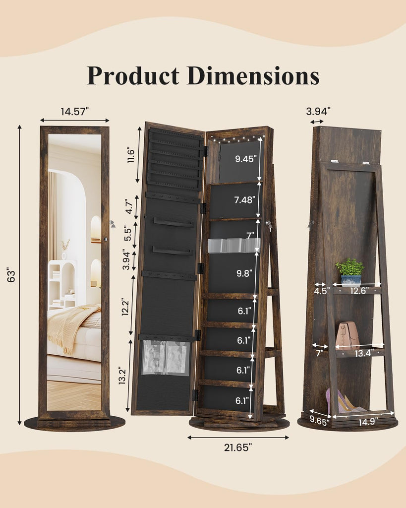 LED Jewelry Cabinet Standing, 360° Swivel Jewelry Armoire, Brown