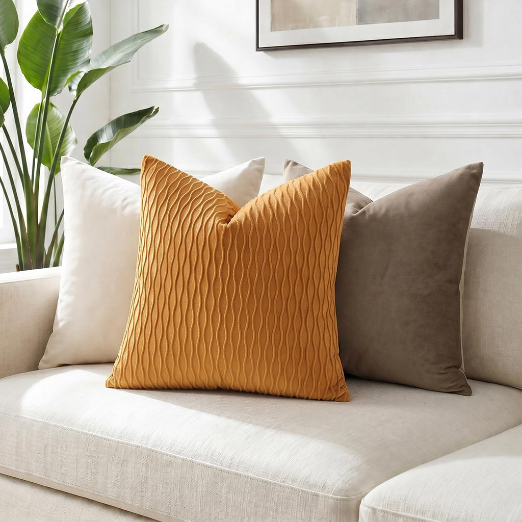 Fall Golden Yellow Couch Pillow Covers: Pack of 2 16x16 Inch Vertical Ripple Striped Velvet Square Throw Pillow Cases
