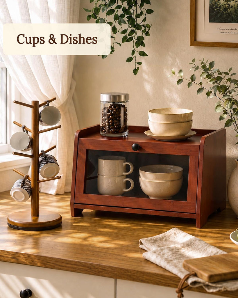 Bread Box - Countertop With Top Shelf For Fruit,1 Tier, Brown