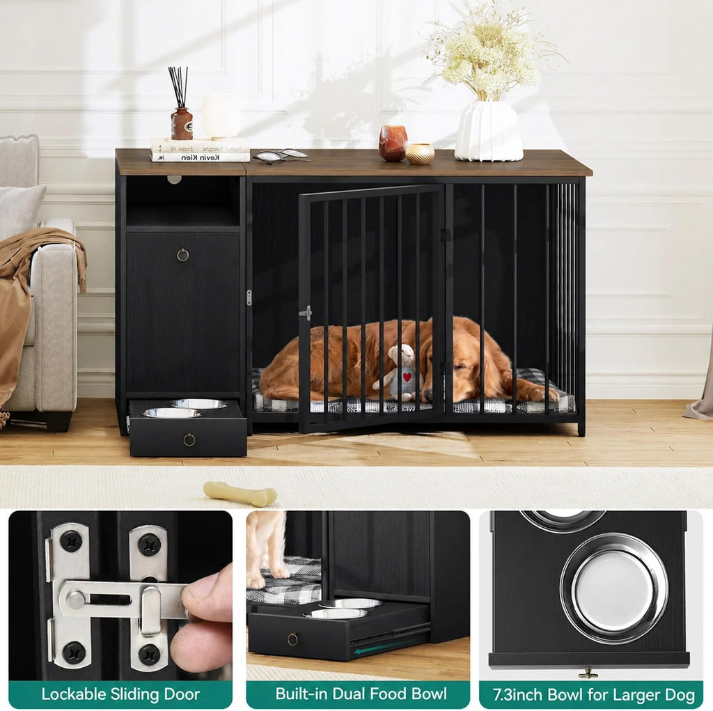 Dog Crate Furniture with Feeder Bowls & Storage Drawer