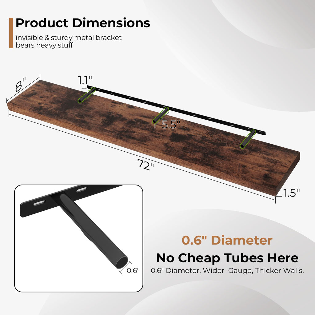 72 Inch Floating Shelves for Wall, Fireplace Mantel Shelf with Invisible Heavy Duty Bracket, 8 Inch Deep Storage