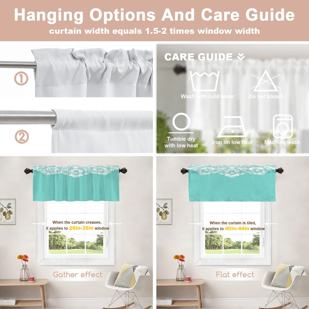 Robin's Egg Blue Turquoise Blackout Short Curtains for Windows, White Floral Lace Pattern Kitchen Valance Thermal