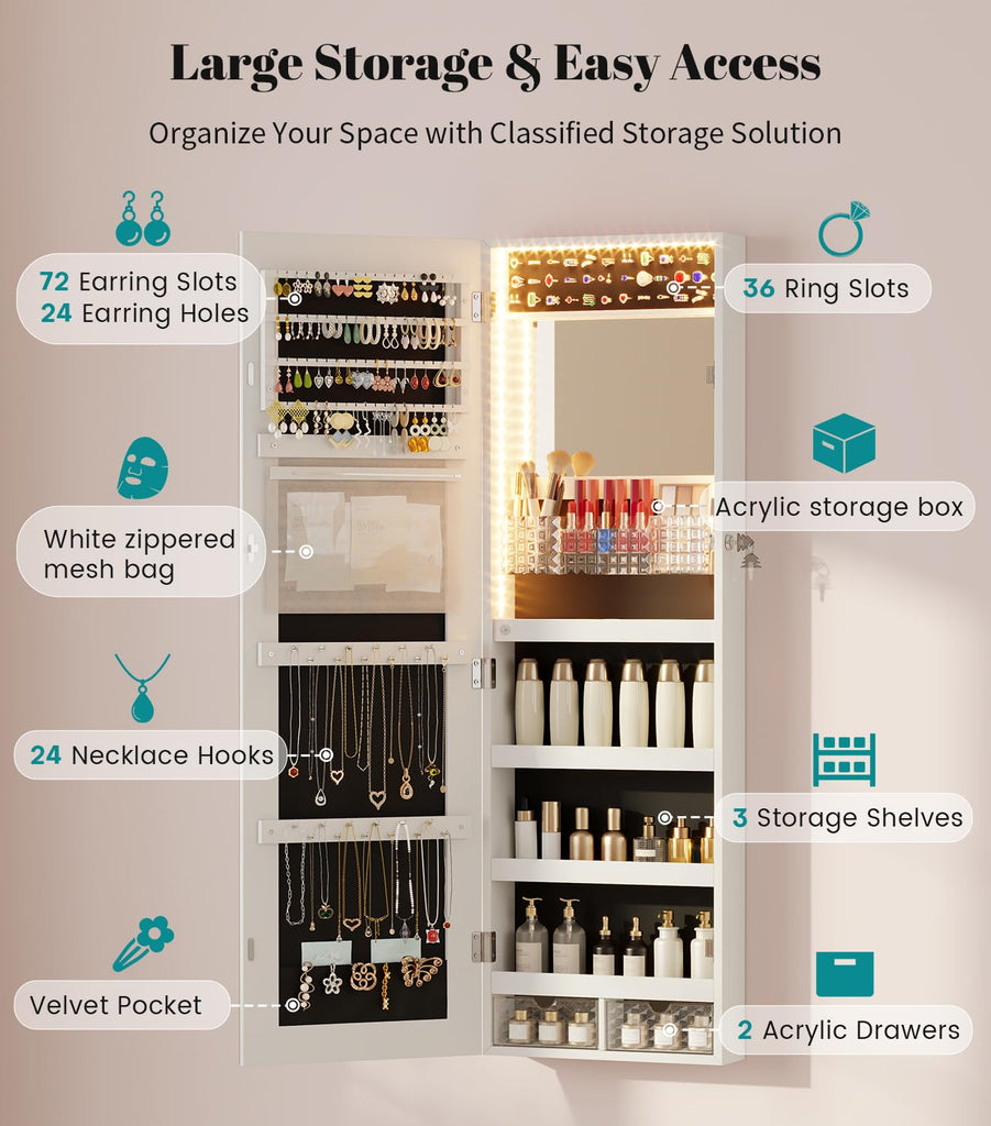LED Mirror Jewelry Cabinet, Over Door/Wall Mounted Jewelry Organizer