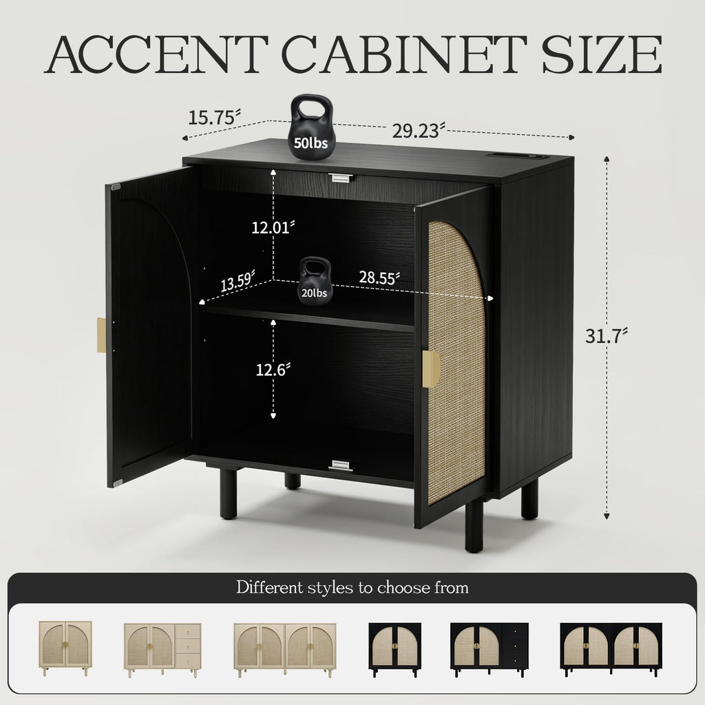 Black Minimalist 2-Door Sideboard with Woven Textured Panels, Black Storage Cabinet with Adjustable Shelf, Modern
