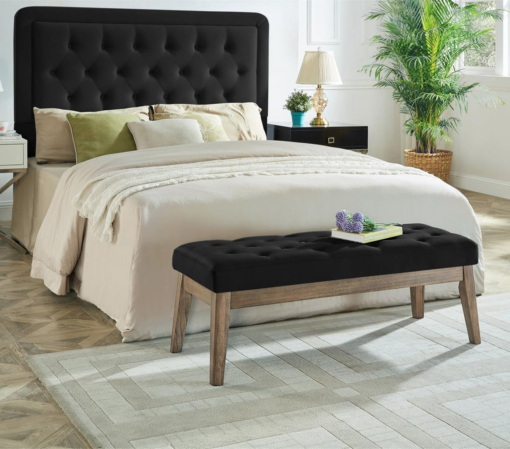 Velvet Upholstered Buttons Tufted Entryway Bench with Solid Wood Leg, Bed Bench Ottoman with Padded Seat, 5034-Black