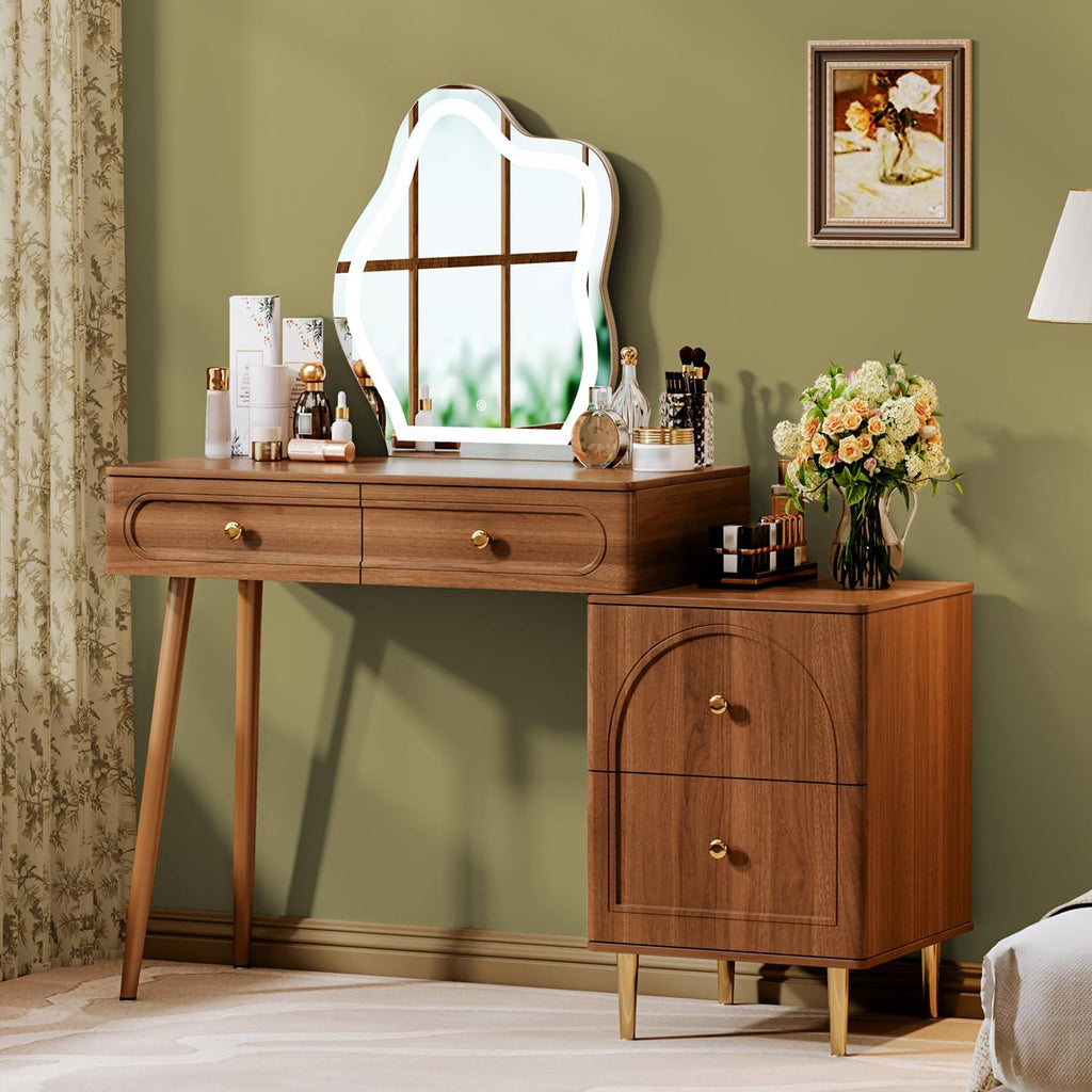 Walnut Stylish Corner Makeup Vanity Table,Vanity Desk with Lighted Mirror and 4 Spacious Drawers,Bedroom Essential