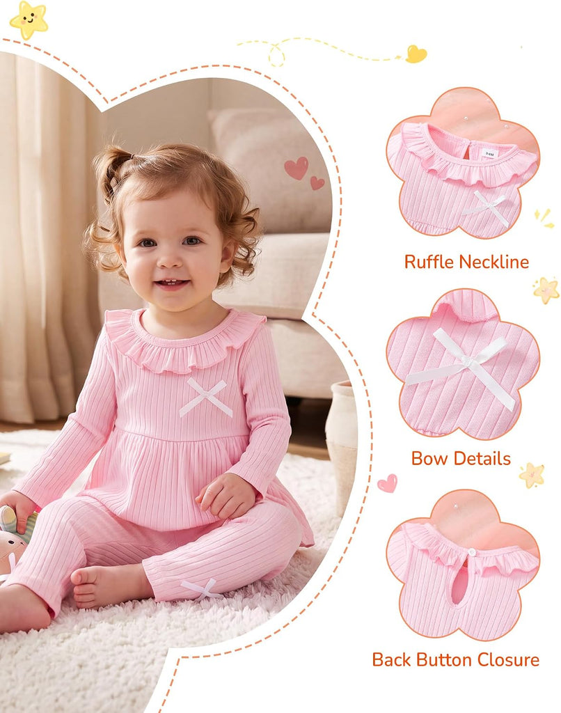 2 Piece Baby Girl Clothes Set Infant Ribbed Ruffle Top Bow Pants